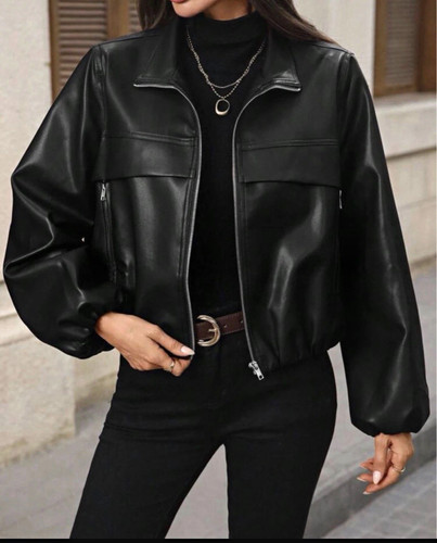 Womens black leather biker - black,