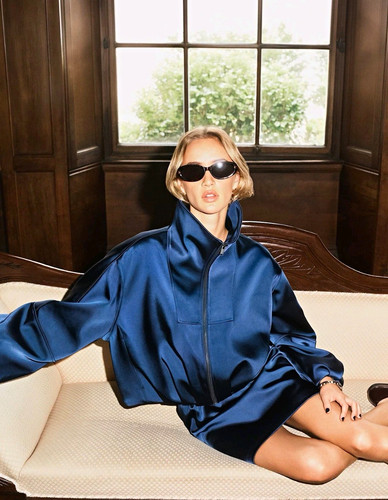 Navy blue satin bomber - blue,